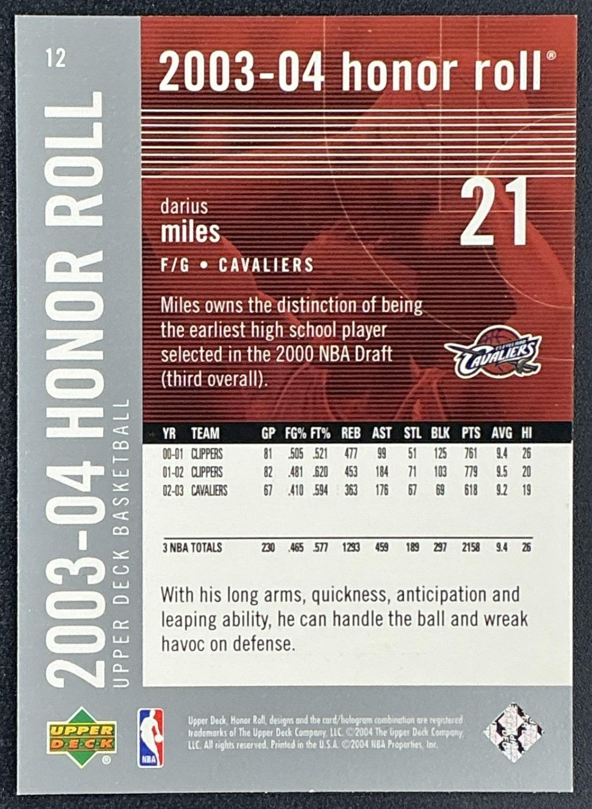 DARIUS MILES 2003-04 UPPER DECK HONOR ROLL #12 CAVALIERS