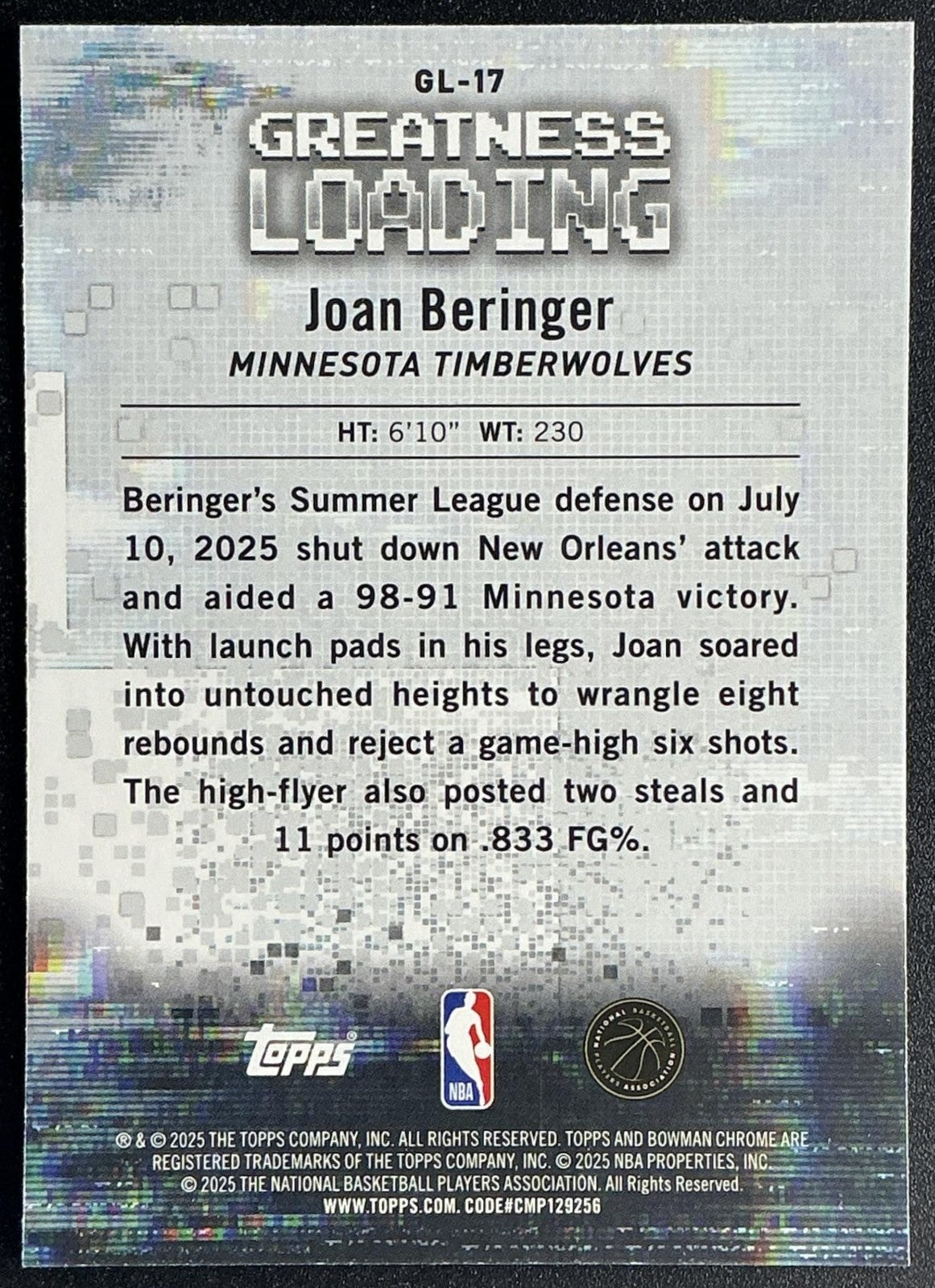 JOAN BERINGER 2025-26 BOWMAN #GL-17 CHROME GREATNESS LOADING RC TIMBERWOLVES