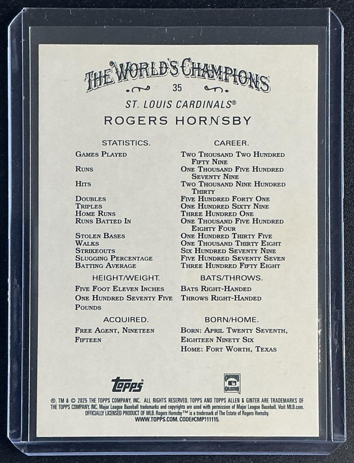 ROGERS HORNSBY 2025 TOPPS ALLEN & GINTER #35 SILVER PORTRAIT CARDINALS