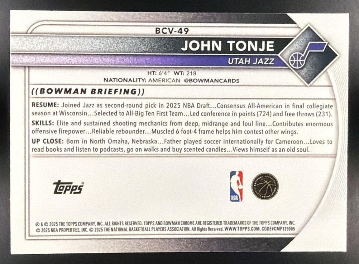 JOHN TONJE 2025-26 BOWMAN #BCV-49 CHROME REPTILIAN REFRACTOR RC JAZZ