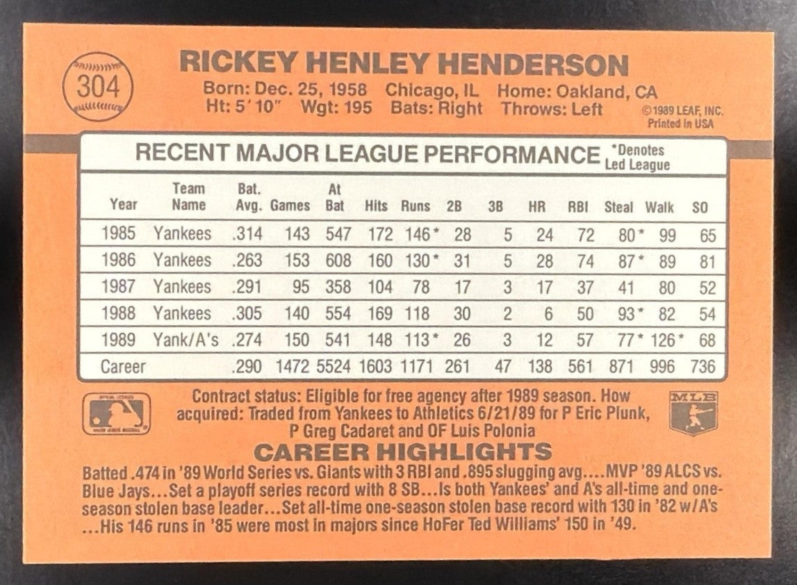 RICKEY HENDERSON 1990 DONRUSS #304 ATHLETICS
