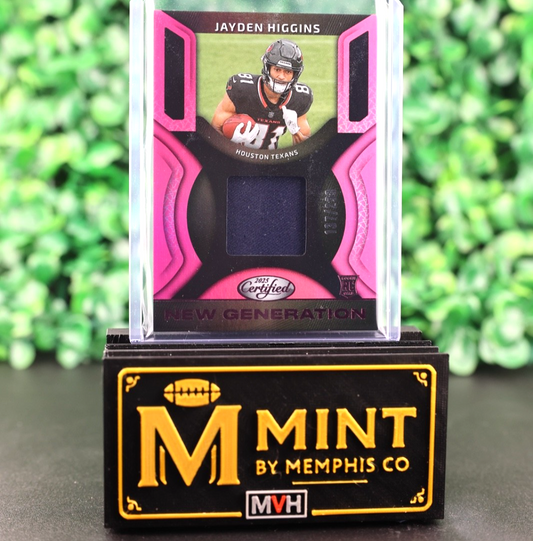 JAYDEN HIGGINS 2025 CERTIFIED NEW GENERATION MIRROR PINK PATCH /299 RC TEXANS