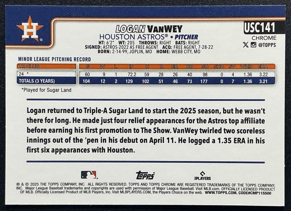 LOGAN VANWEY 2025 TOPPS CHROME UPDATE #USC141 GEOMETRIC REFRACTOR RC ASTROS