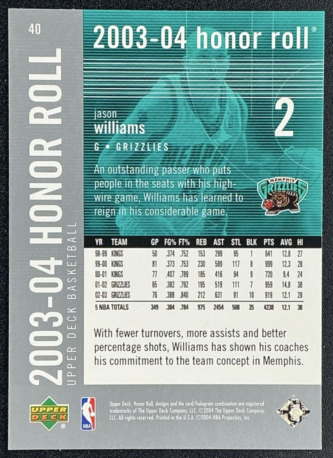 JASON WILLIAMS 2003-04 UPPER DECK HONOR ROLL #40 GRIZZLIES