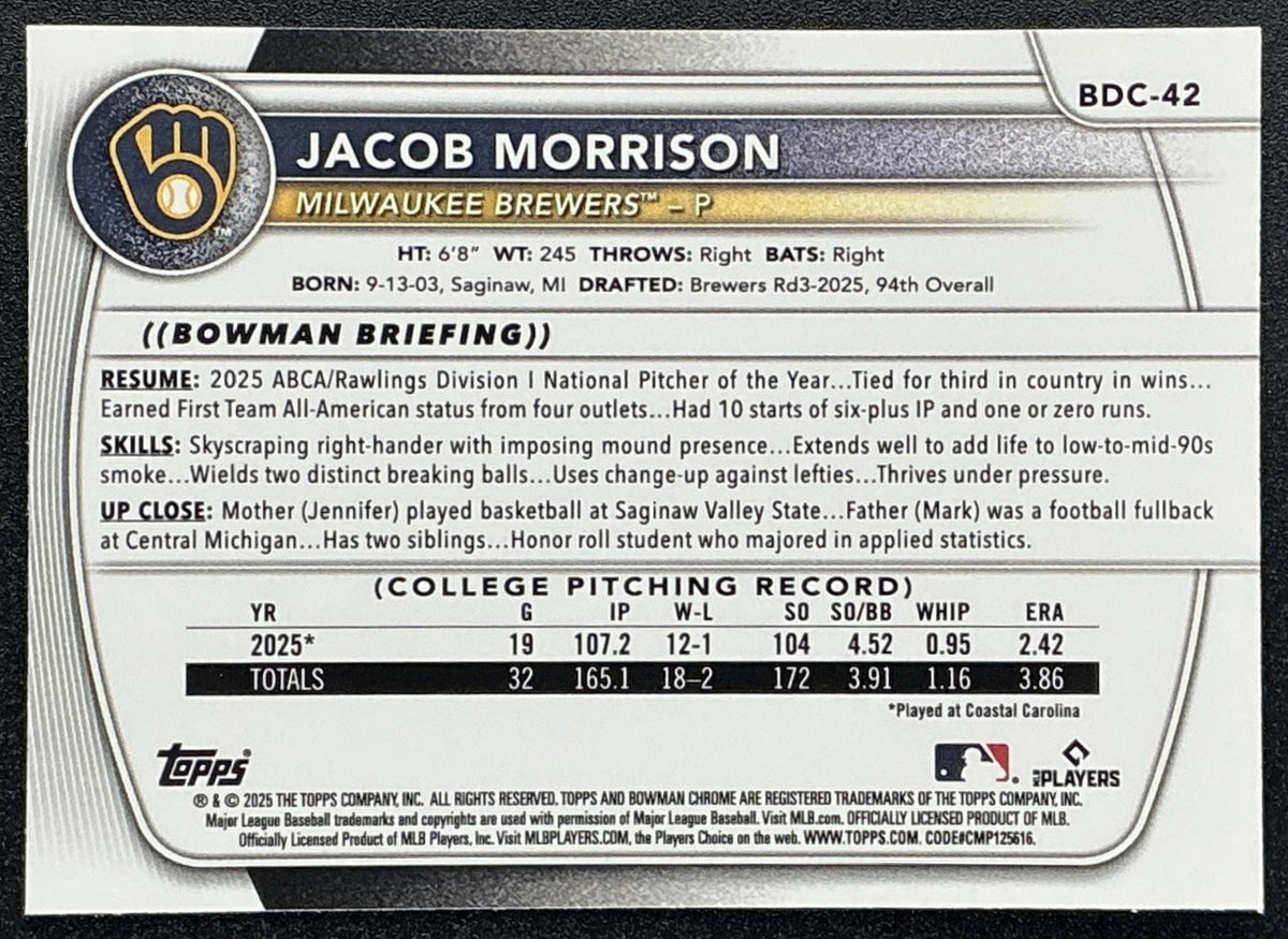 2025 Bowman Draft Jacob Morrison #BDC-42 Chrome Mojo Refractor 1st Prospect