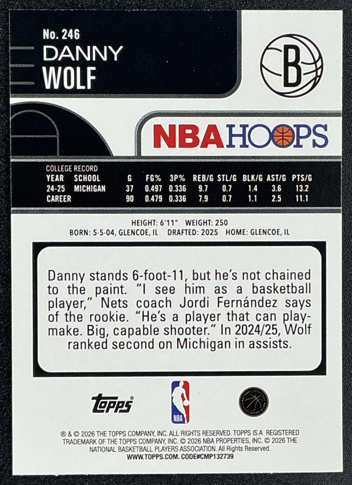 DANNY WOLF 2025-26 TOPPS HOOPS #246 RC NETS