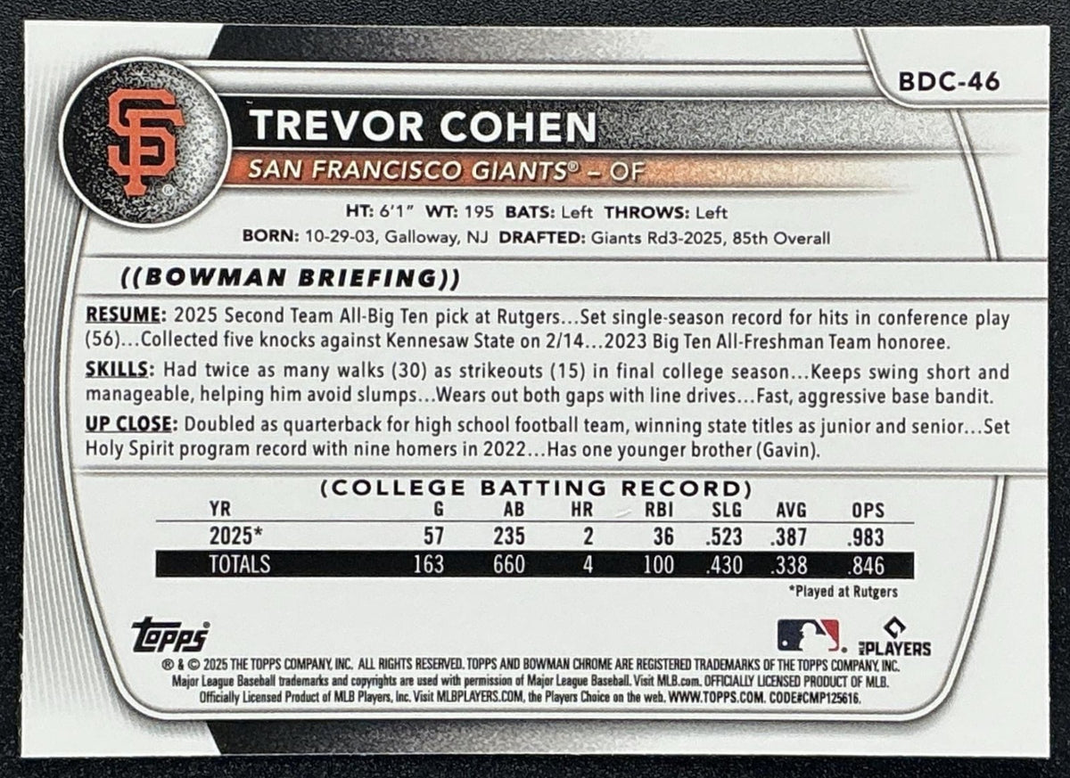 TREVOR COHEN 2025 BOWMAN DRAFT #BDC-46 CHROME MOJO REFRACTOR 1ST PROSPECT GIANTS