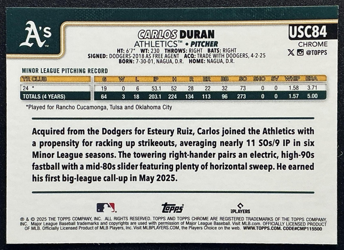 CARLOS DURAN 2025 TOPPS CHROME UPDATE #USC84 GEOMETRIC REFRACTOR RC ATHLETICS