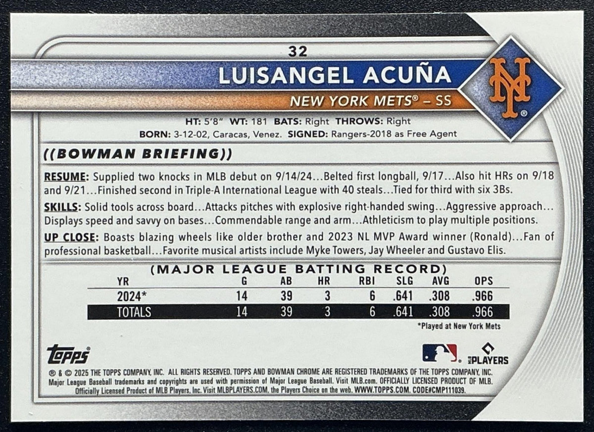 LUISANGEL ACUNA 2025 BOWMAN CHROME MEGA BOX #32 MOJO REFRACTOR RC METS