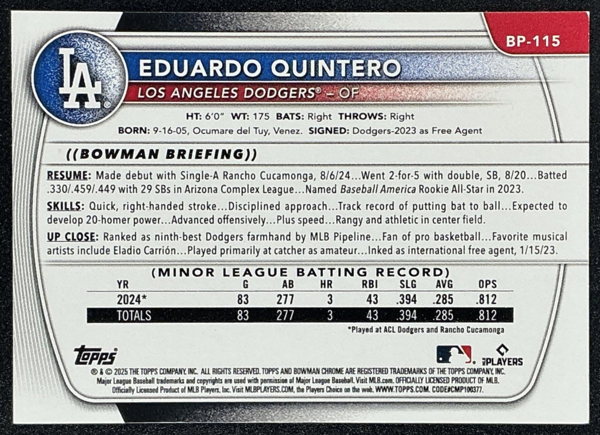 EDUARDO QUINTERO 2025 BOWMAN #BP-115 1ST PROSPECT DODGERS