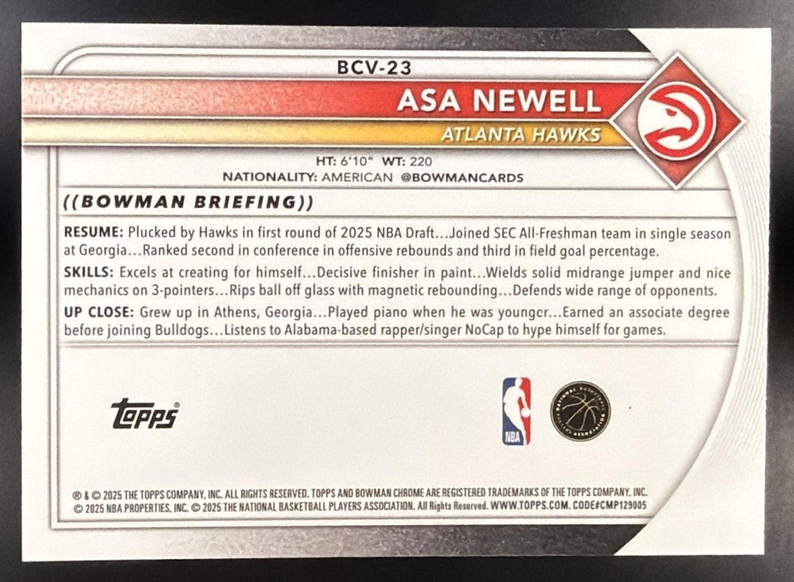 ASA NEWELL 2025-26 BOWMAN #BCV-23 CHROME REPTILIAN REFRACTOR RC HAWKS