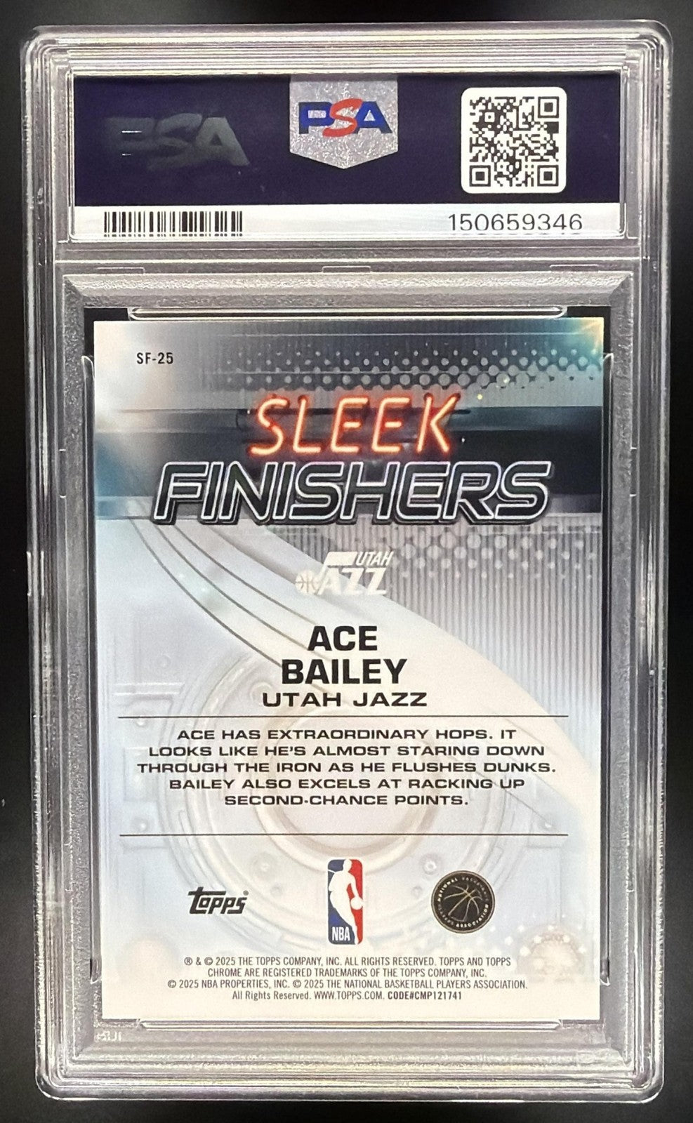 2025 Topps Chrome Ace Bailey Sleek Finishers Purple Refractor /75 RC PSA 9