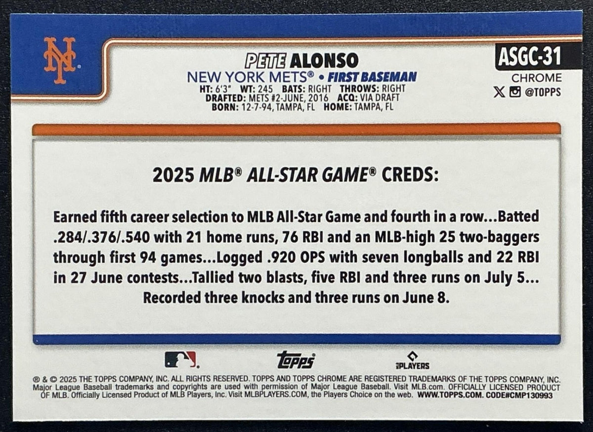 PETE ALONSO 2025 TOPPS CHROME UPDATE #ASGC-31 ALL-STAR GAME METS