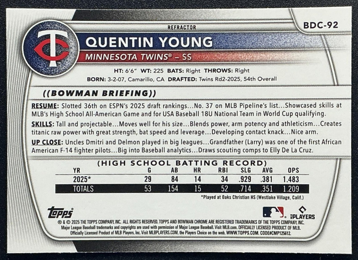 QUENTIN YOUNG 2025 BOWMAN DRAFT #BDC-92 CHROME REFRACTOR 1ST PROSPECT TWINS
