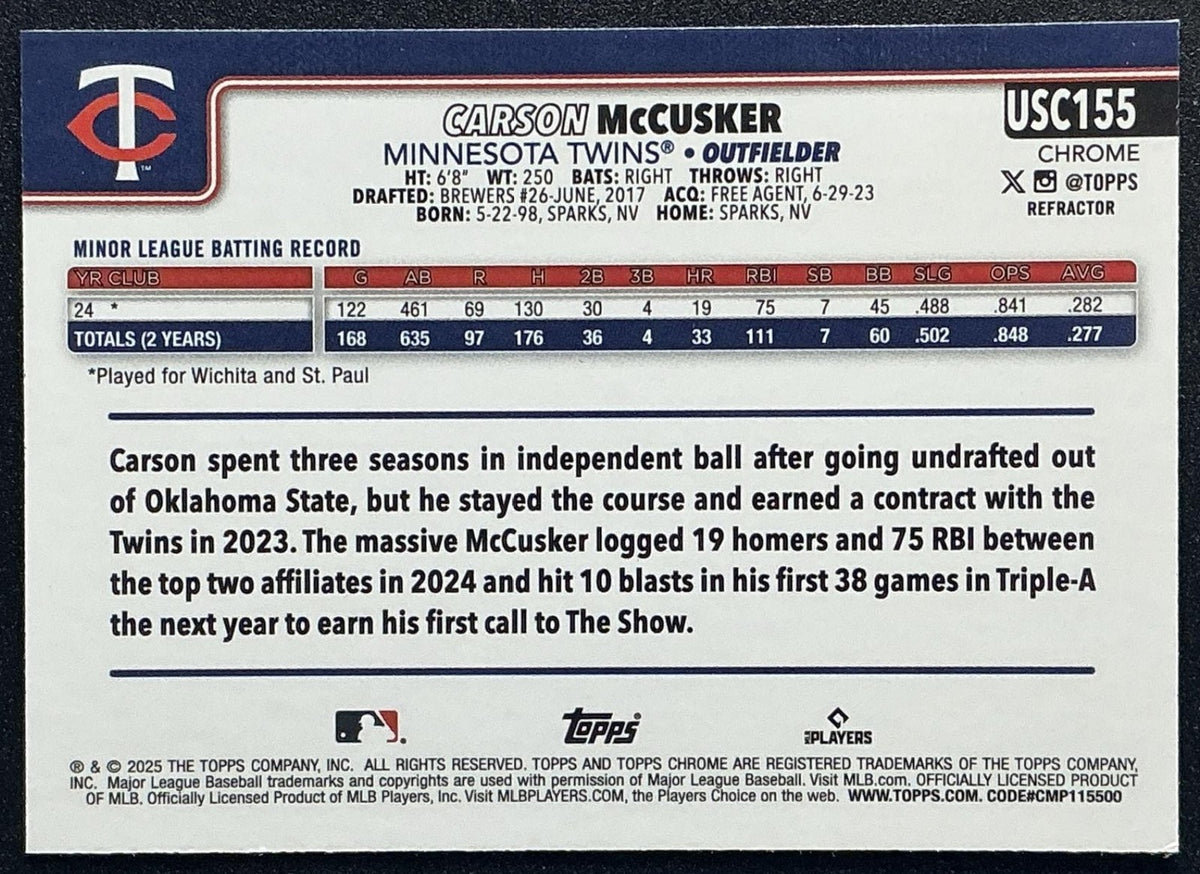 CARSON MCCUSKER 2025 TOPPS CHROME UPDATE #USC155 REFRACTOR RC TWINS