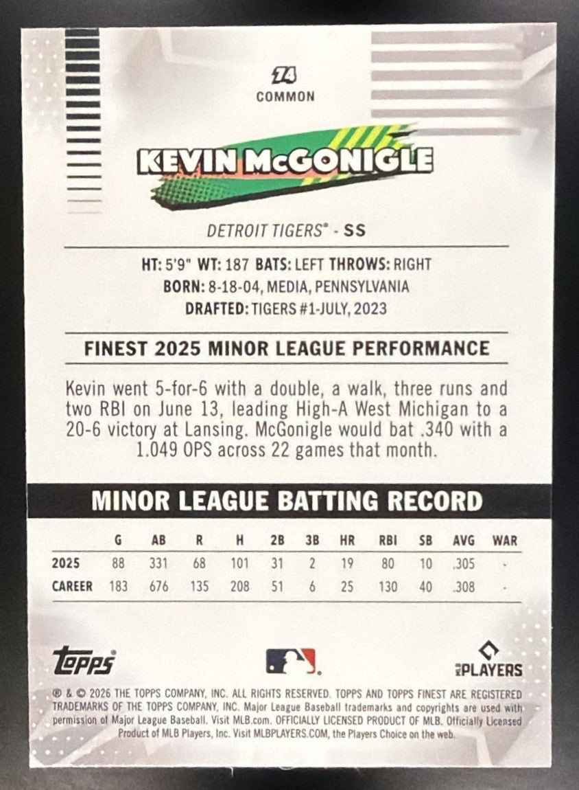 KEVIN MCGONIGLE 2026 TOPPS FINEST #74 RC TIGERS