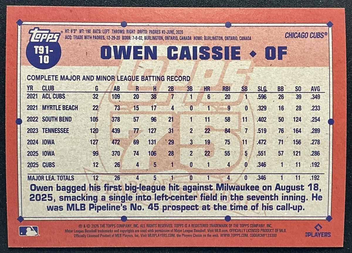 OWEN CAISSIE 2026 TOPPS SERIES 1 #T91-10 1991 CRACKLE FOIL RC CUBS