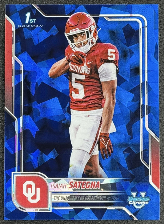 ISAIAH SATEGNA 2025 BOWMAN CHROME UNIVERSITY SAPPHIRE #48 1ST PROSPECT SOONERS