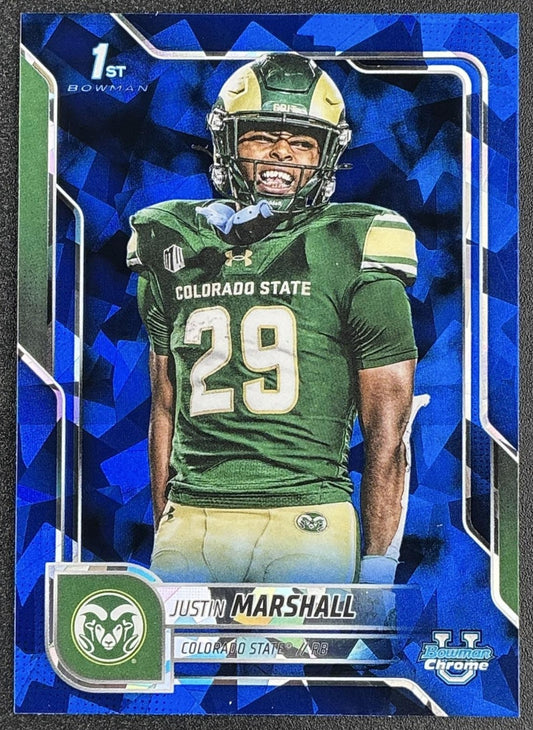 JUSTIN MARSHALL 2025 BOWMAN CHROME UNIVERSITY SAPPHIRE #135 1ST PROSPECT RAMS