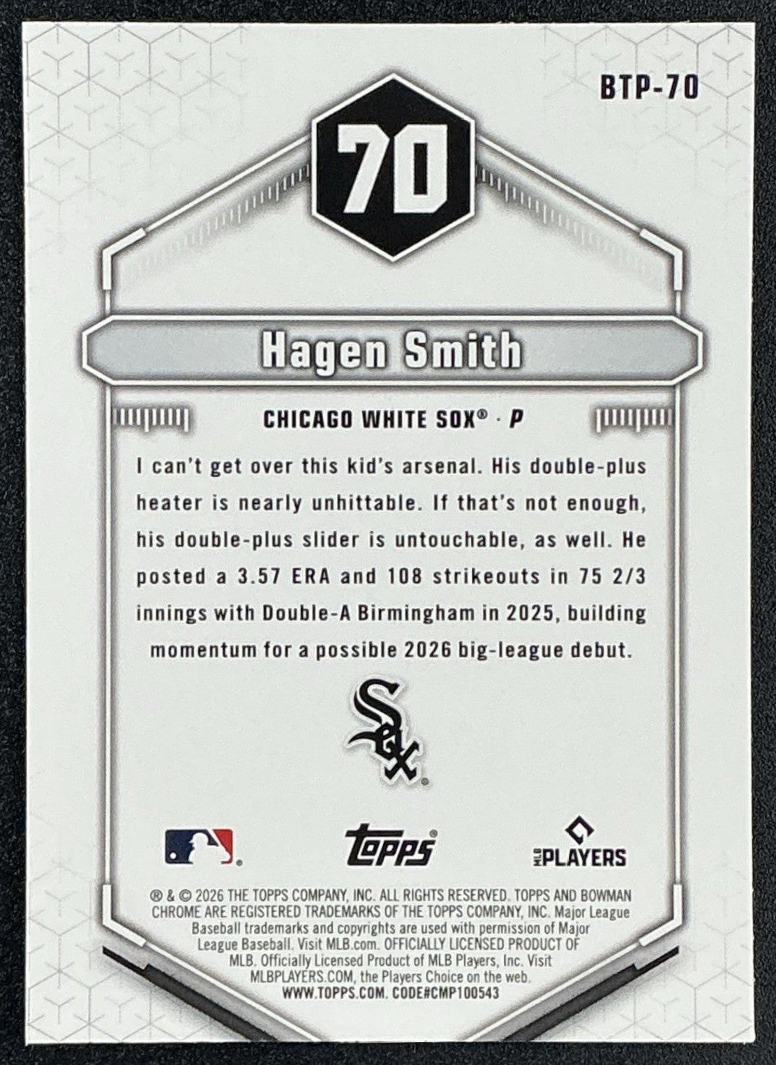 HAGEN SMITH 2026 BOWMAN #BTP-70 SCOUTS TOP 100 CHROME WHITE SOX