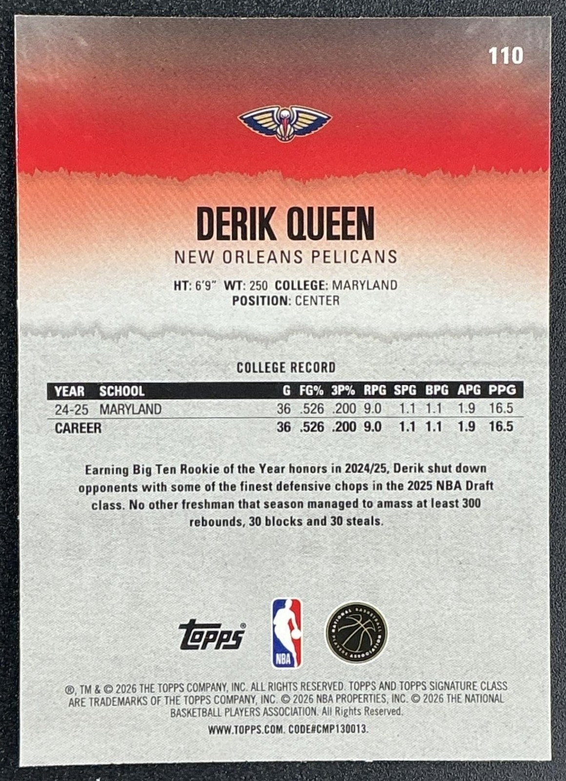 DERIK QUEEN 2025-26 TOPPS SIGNATURE CLASS #110 CHROME ROOKIE RC PELICANS
