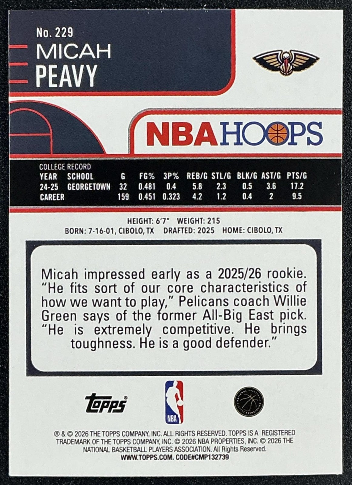 MICAH PEAVY 2025-26 TOPPS HOOPS #229 RAINBOW FOIL RC PELICANS