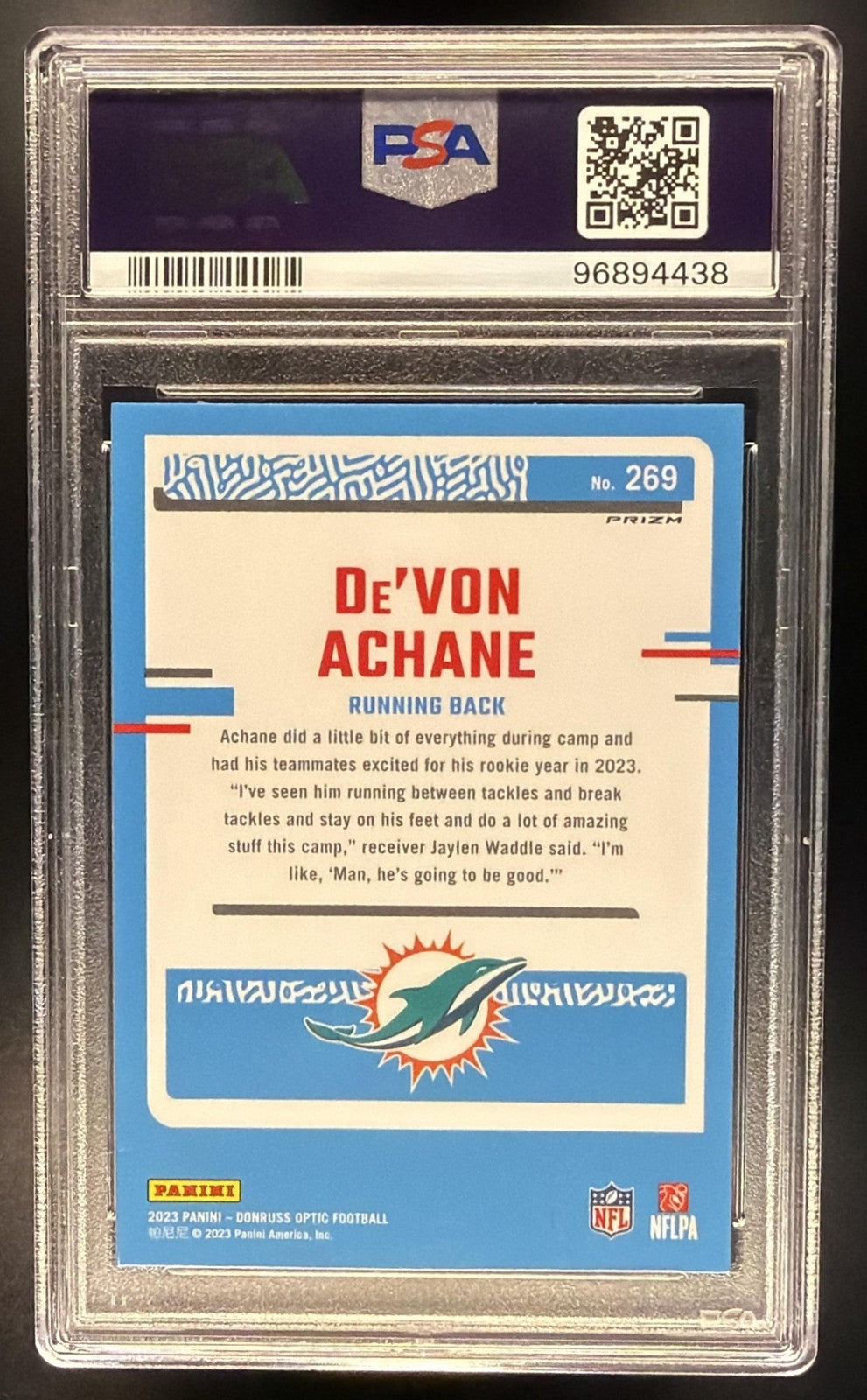 2023 Donruss Optic De'Von Achane Green Velocity Prizm RC Rated Rookie PSA 10