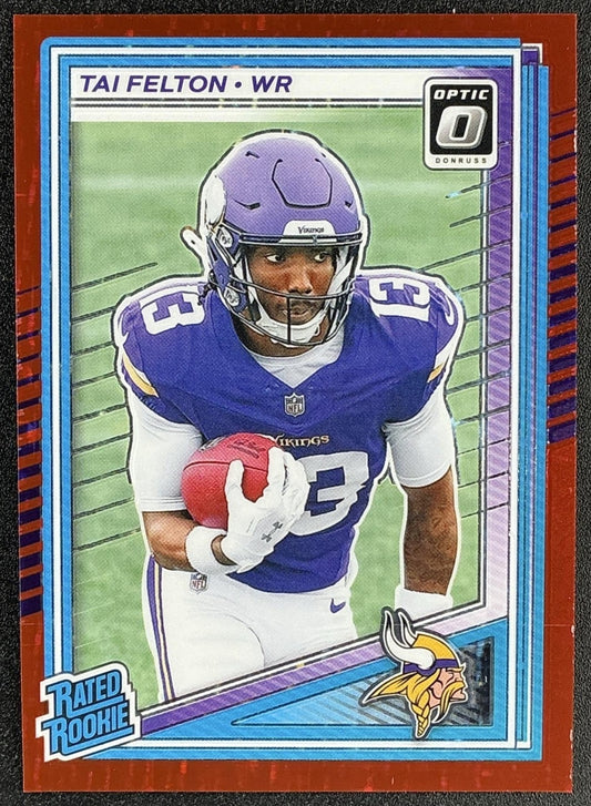 TAI FELTON 2025 PANINI DONRUSS OPTIC #239 RATED ROOKIE RED HYPER PRIZM VIKINGS