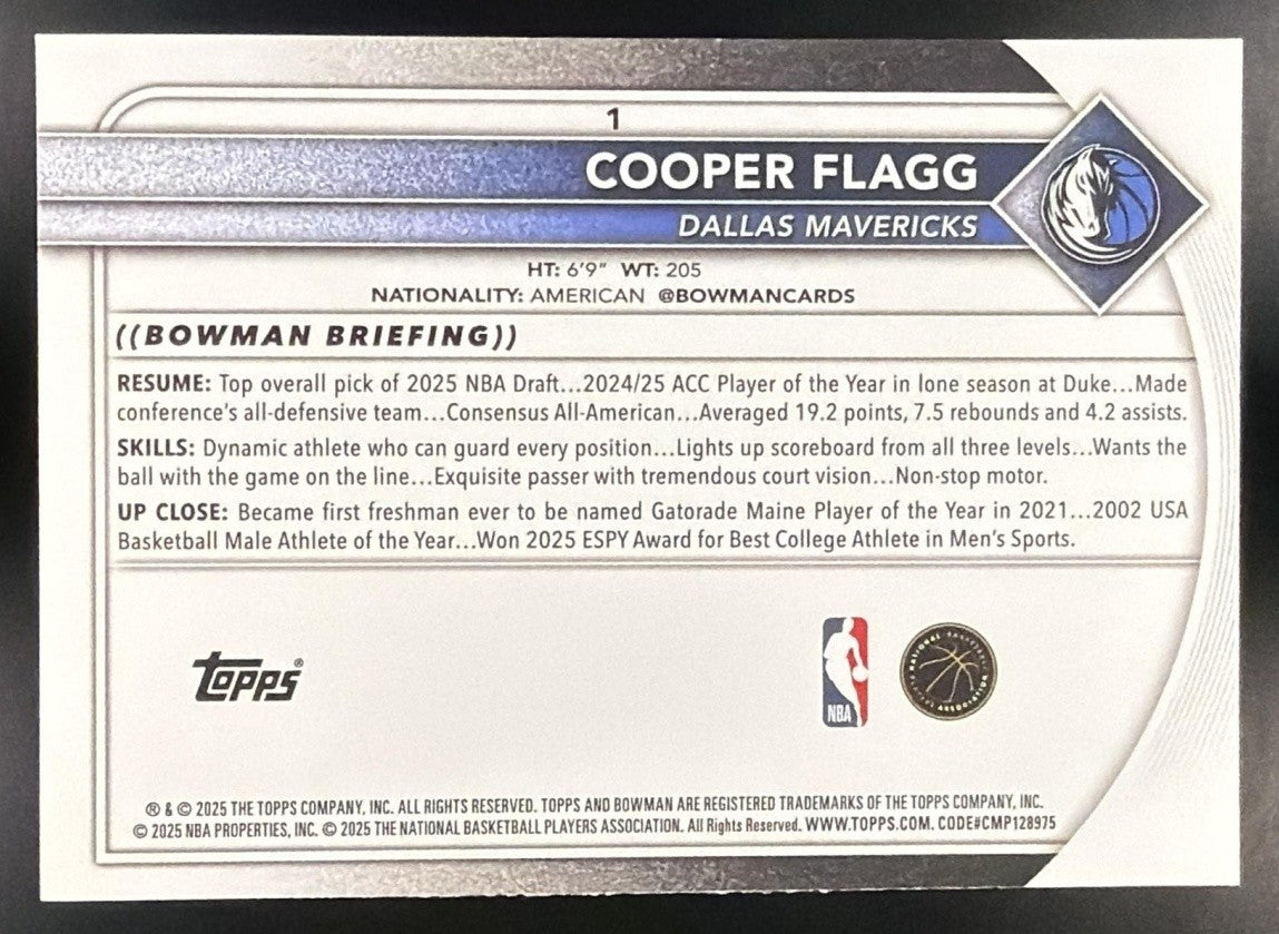 COOPER FLAGG 2025-26 BOWMAN #1 RC MAVERICKS
