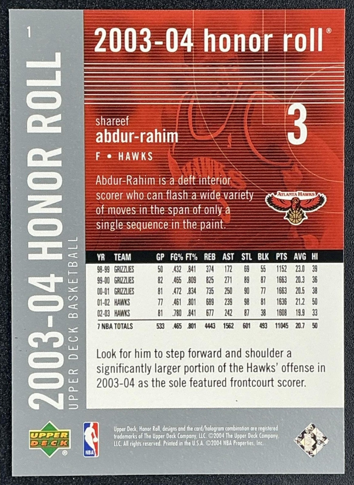 SHAREEF ABDUR-RAHIM 2003-04 UPPER DECK HONOR ROLL #1 HAWKS