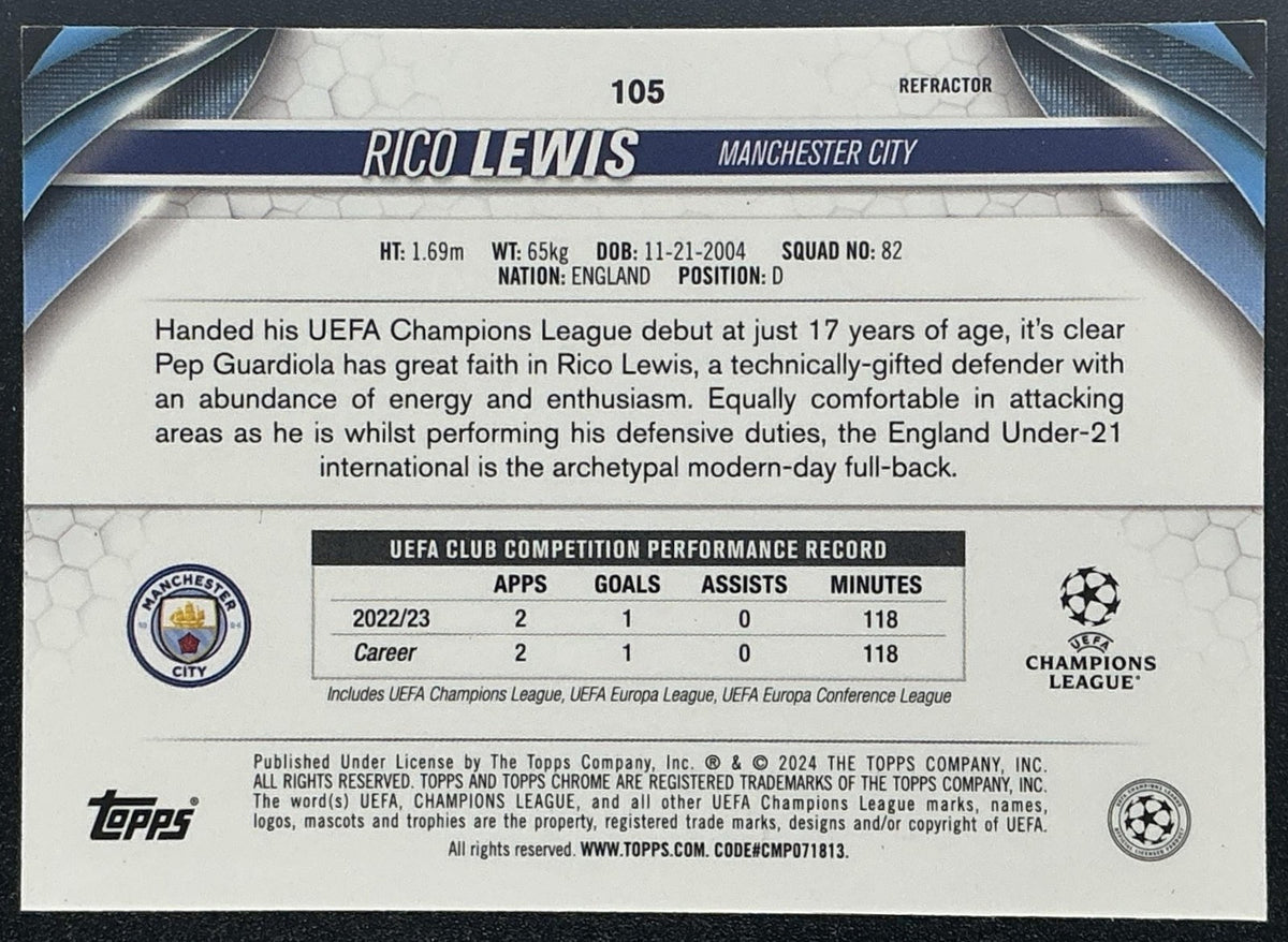 RICO LEWIS 2023-24 TOPPS CHROME UEFA CLUB COMPETITIONS #105 REFRACTOR MAN CITY