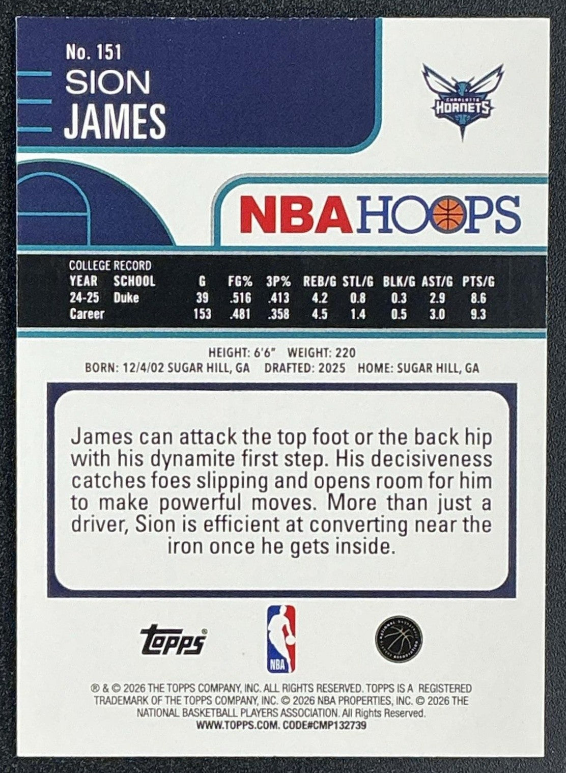 2025 Topps Hoops Sion James #151 Rainbow Blue and Yellow Foil /275 RC