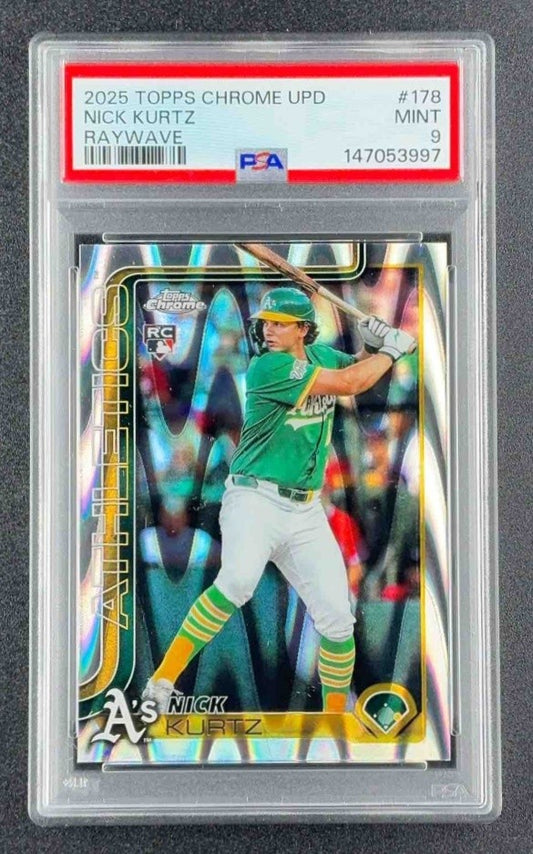 NICK KURTZ 2025 TOPPS CHROME UPDATE #USC178 RAYWAVE REFRACTOR RC ATHLETICS PSA 9
