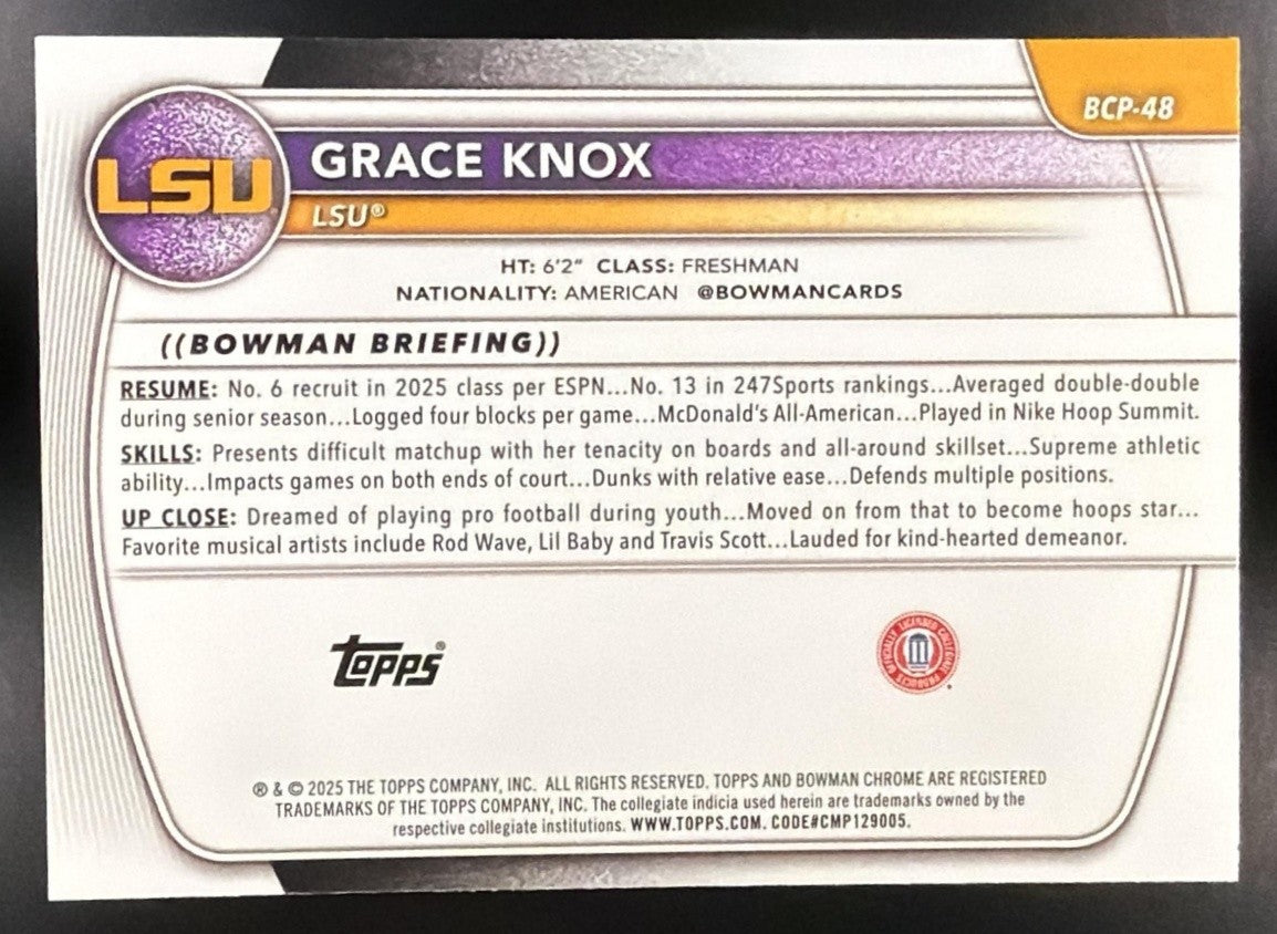 GRACE KNOX 2025-26 BOWMAN #BCP-48 CHROME REPTILIAN REFRACTOR 1ST PROSPECT TIGERS