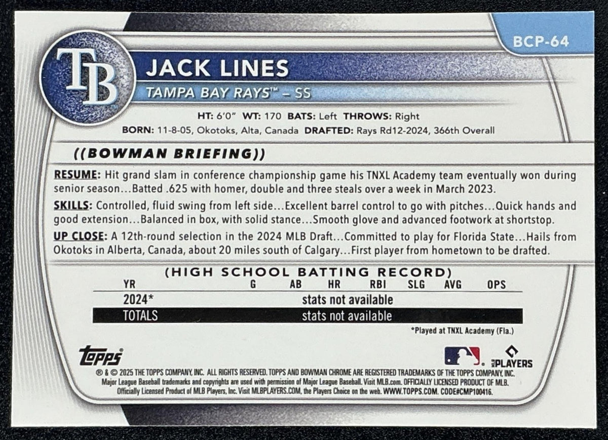 JACK LINES 2025 BOWMAN #BCP-64 CHROME REPTILIAN REFRACTOR 1ST PROSPECT RAYS