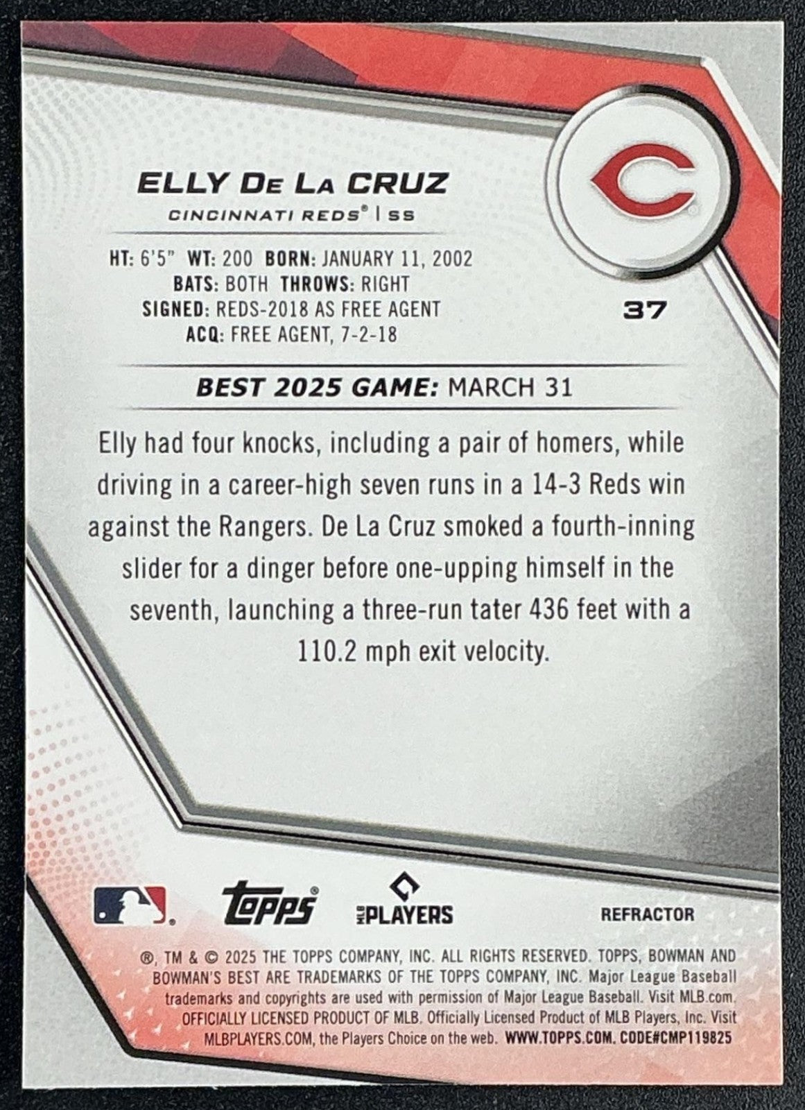 ELLY DE LA CRUZ 2025 BOWMAN'S BEST #37 REFRACTOR REDS