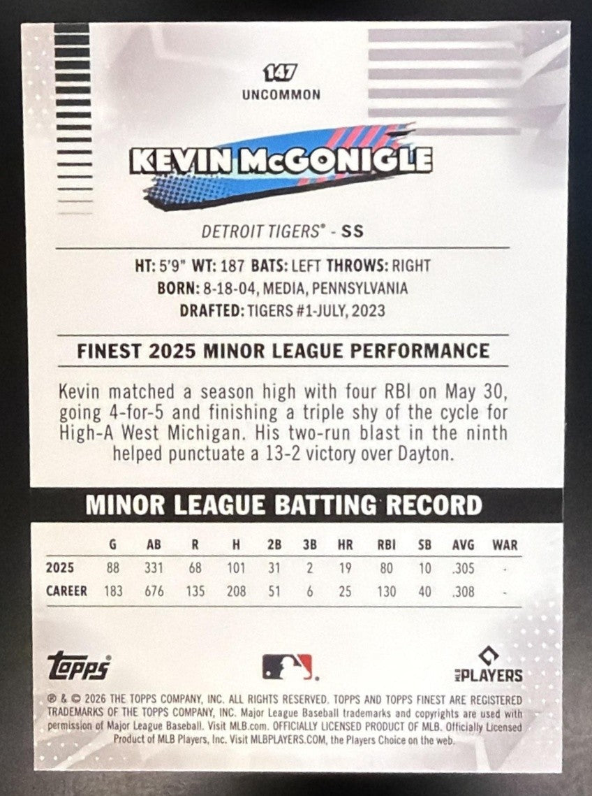 KEVIN MCGONIGLE 2026 TOPPS FINEST #147 UNCOMMON RC TIGERS