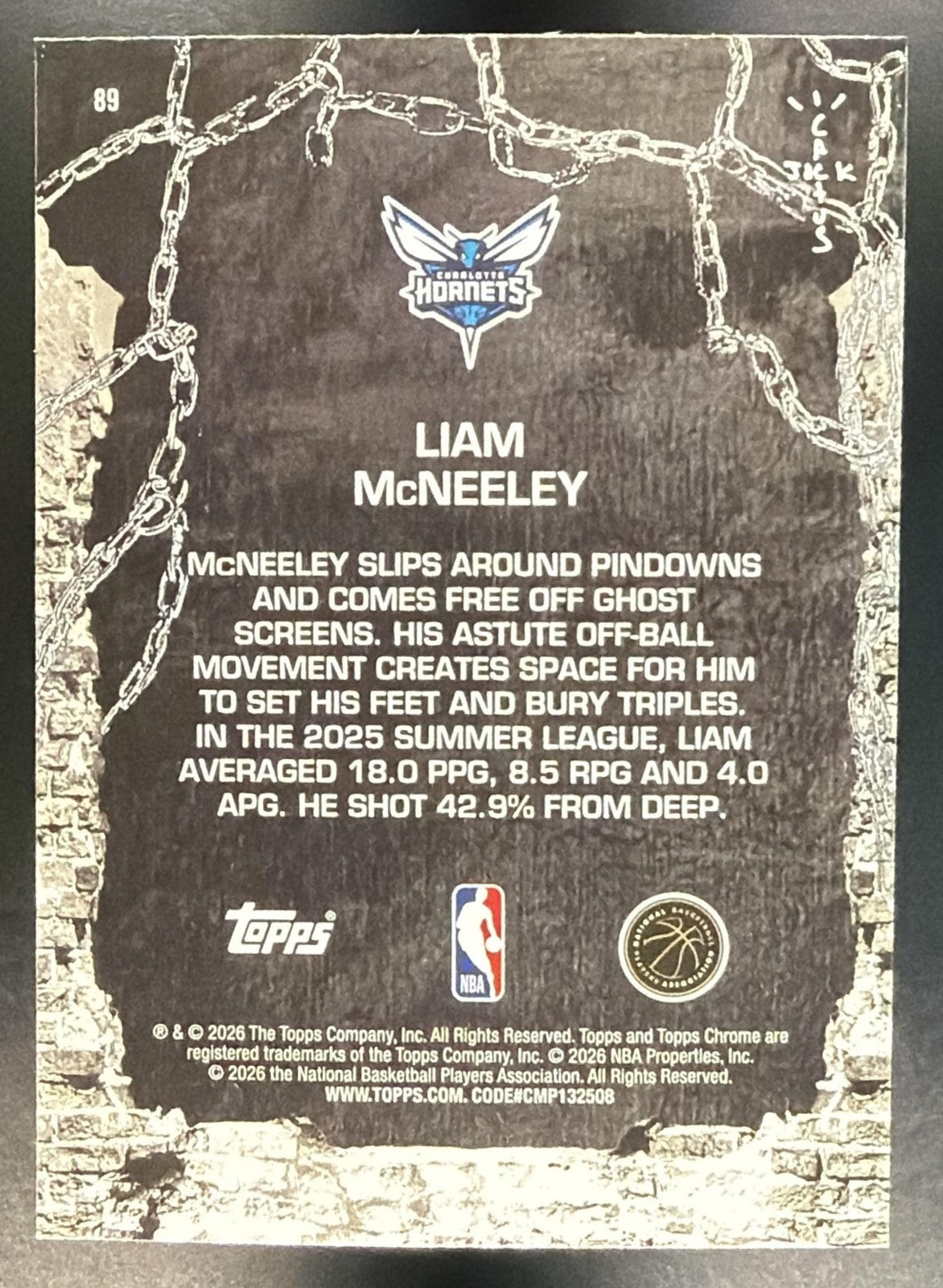 LIAM MCNEELEY 2025-26 TOPPS CHROME X CACTUS JACK #89 RC HORNETS