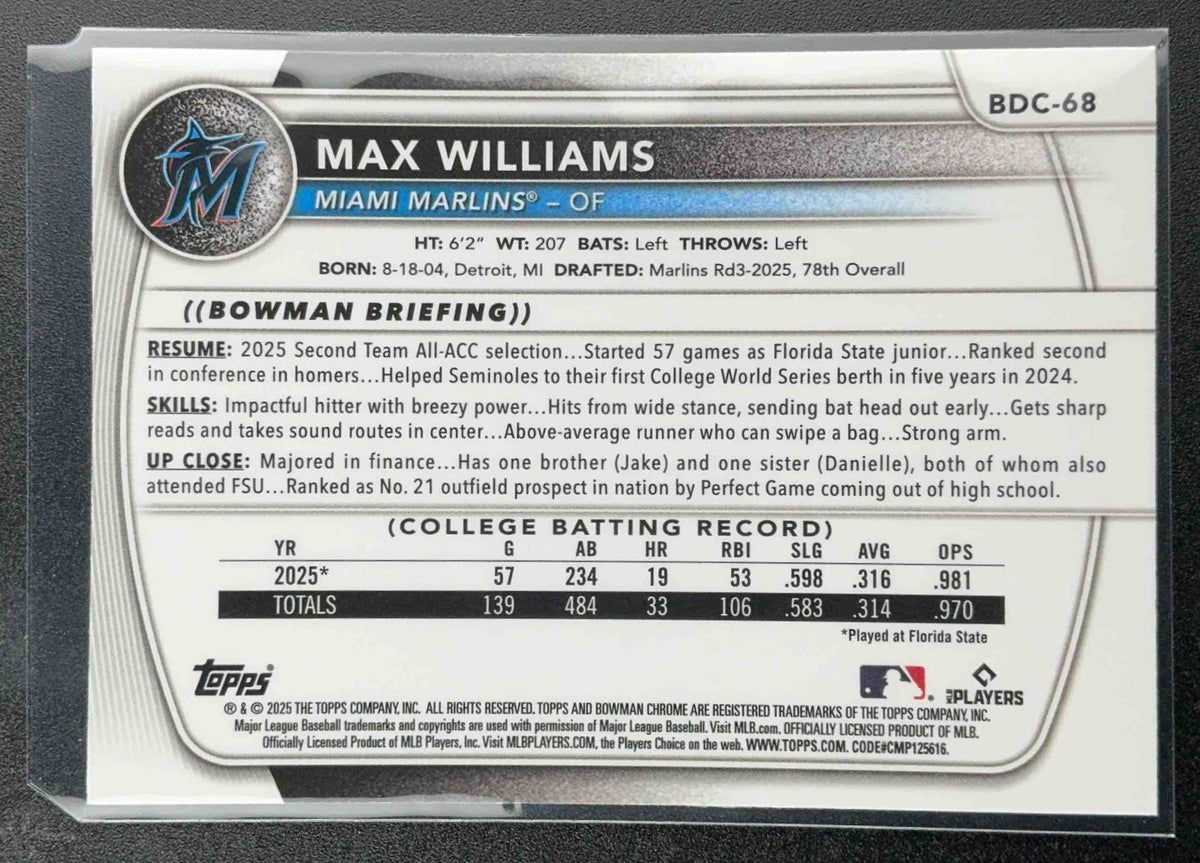 2025 Bowman Draft Max Williams #BDC-68 Chrome Mojo Refractor 1st Prospect