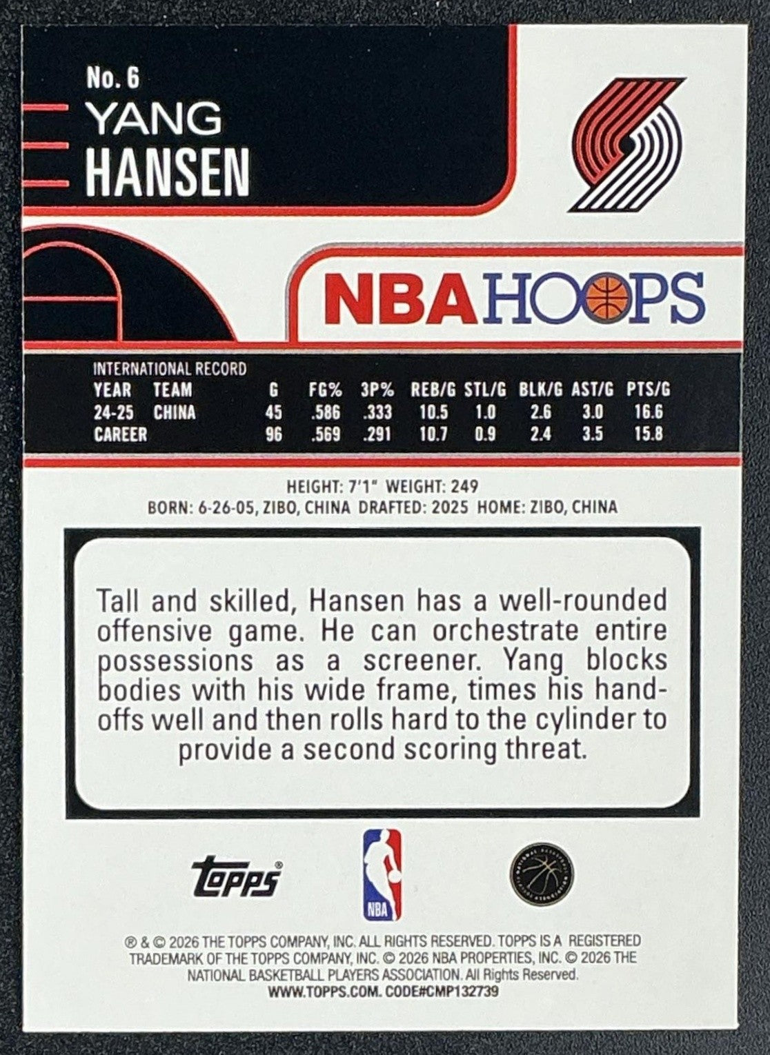 YANG HANSEN 2025-26 TOPPS HOOPS #6 RC TRAIL BLAZERS