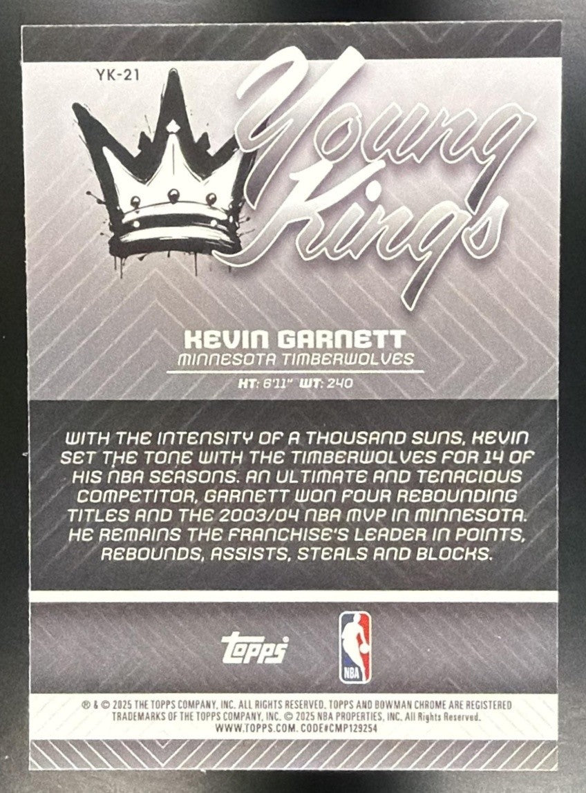 KEVIN GARNETT 2025-26 BOWMAN #YK-21 CHROME YOUNG KINGS TIMBERWOLVES