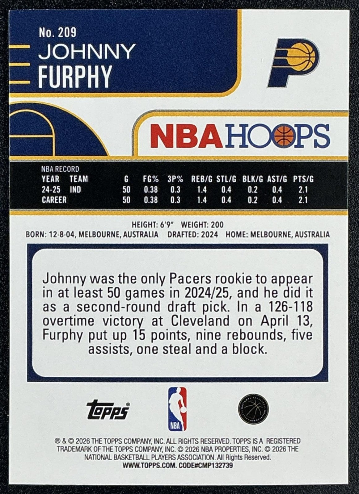 JOHNNY FURPHY 2025-26 TOPPS HOOPS #209 LIGHT BURST PACERS