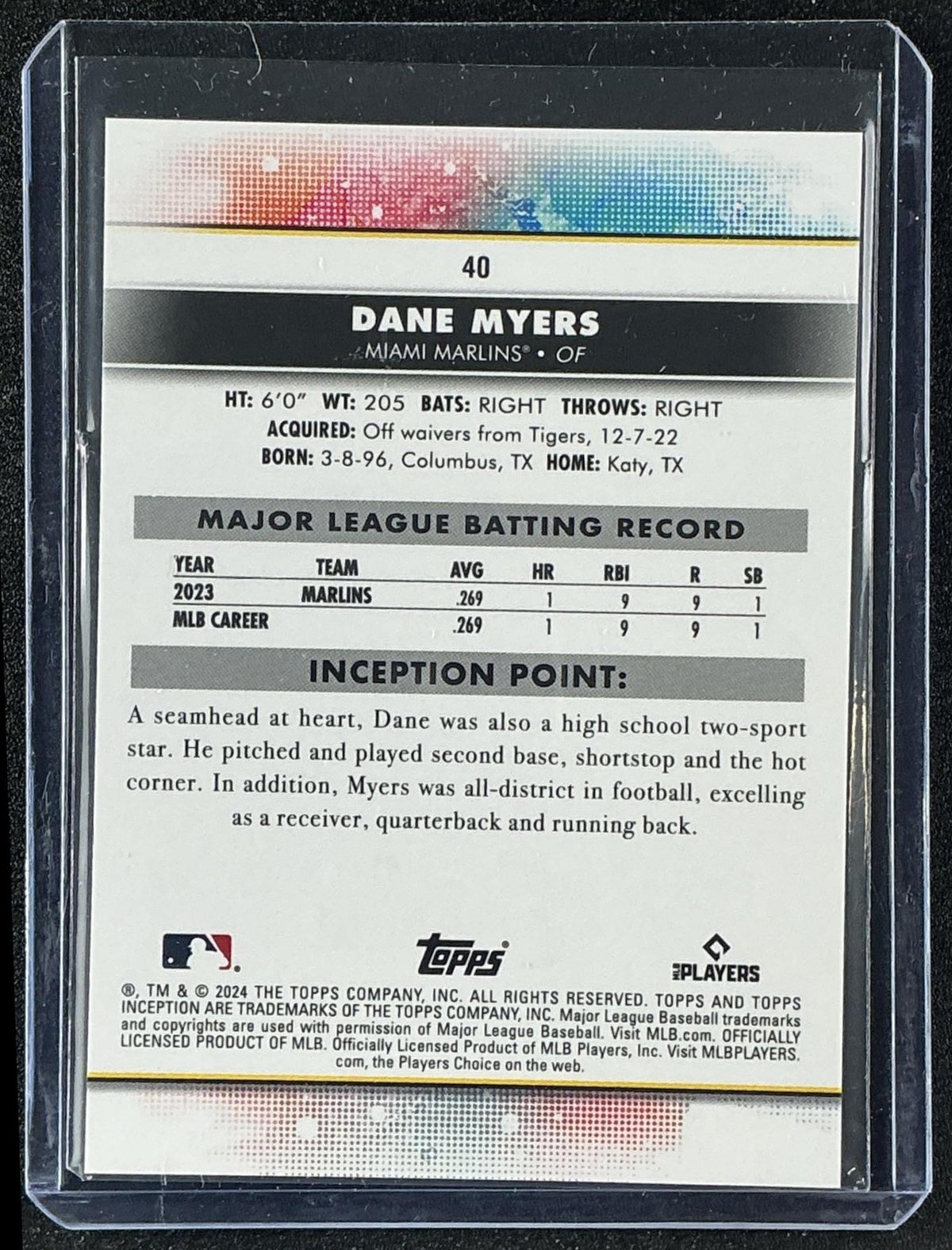 DANE MYERS 2024 TOPPS INCEPTION #40 RC MARLINS