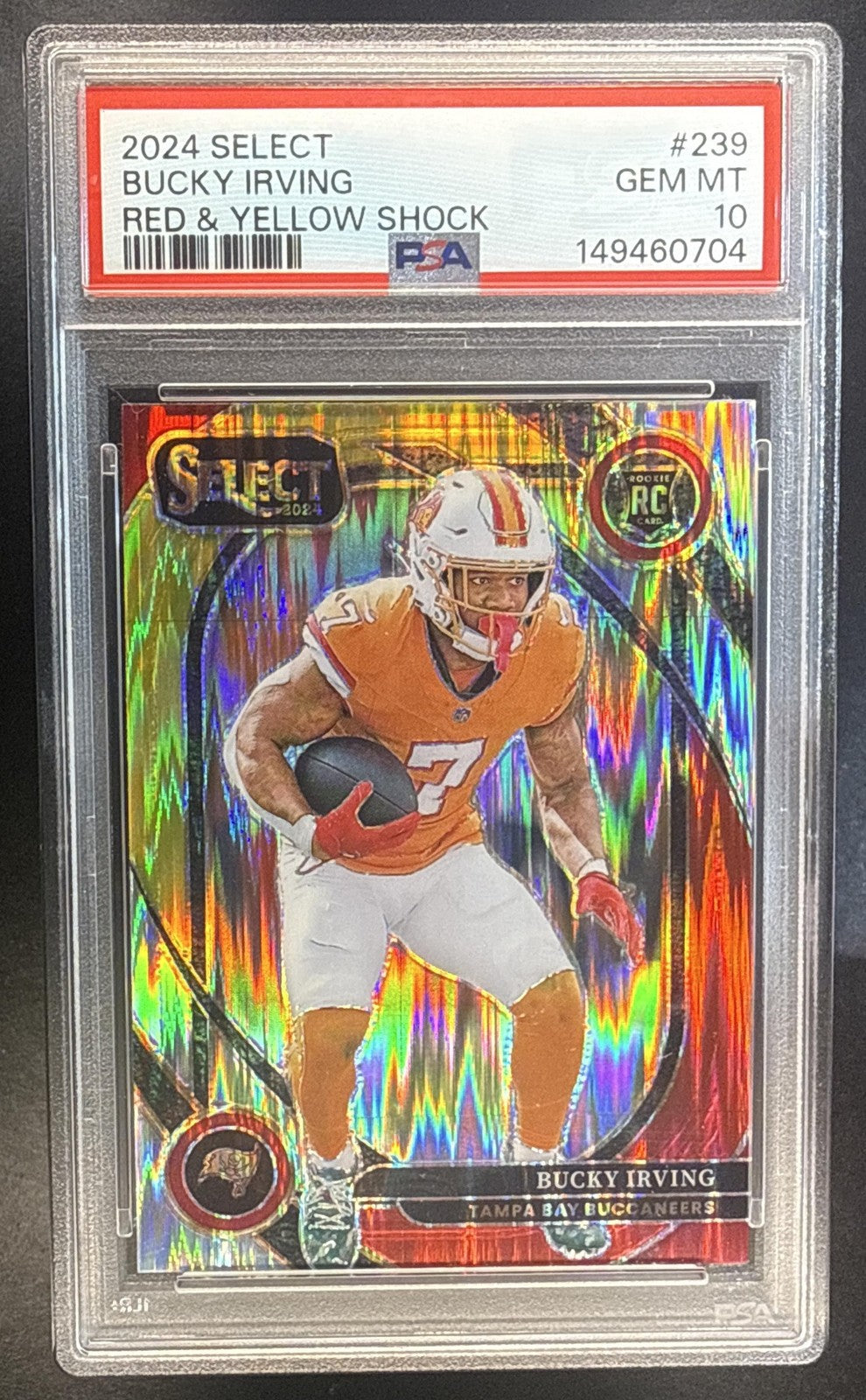 2024 Panini Select Bucky Irving #239 Club Red and Yellow Prizm Shock RC PSA 10