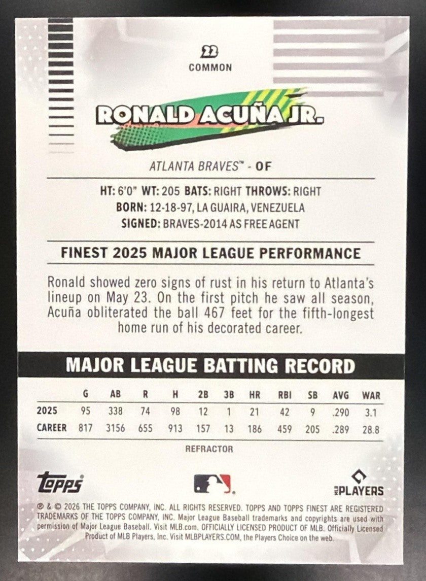 RONALD ACUNA JR. 2026 TOPPS FINEST #22 REFRACTOR BRAVES
