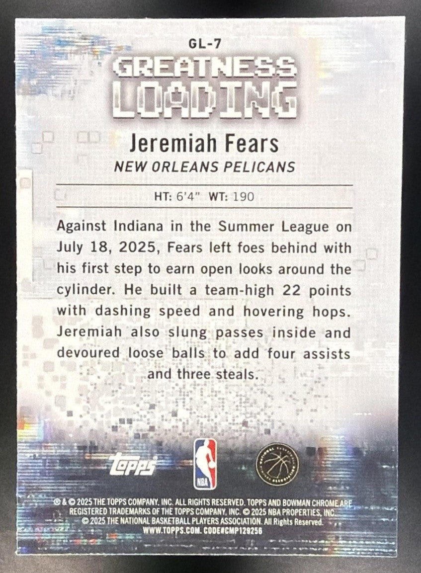 JEREMIAH FEARS 2025-26 BOWMAN #GL-7 CHROME GREATNESS LOADING RC PELICANS