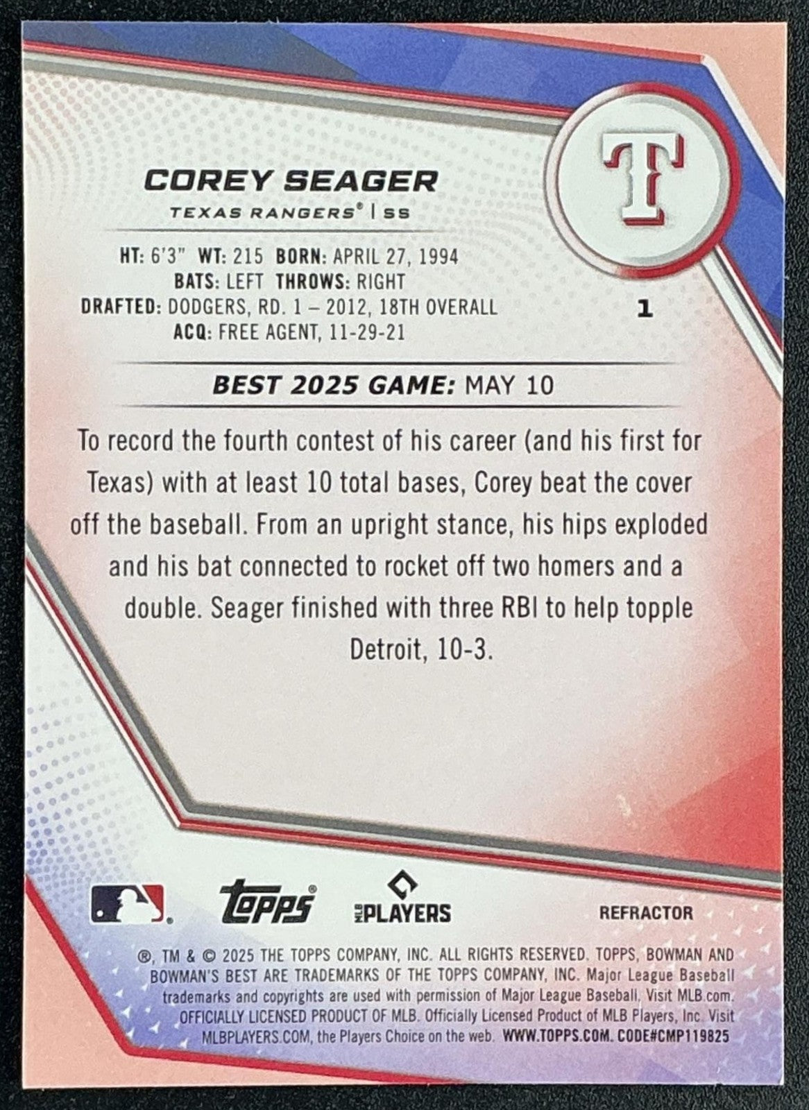 COREY SEAGER 2025 BOWMAN'S BEST #1 REFRACTOR RANGERS