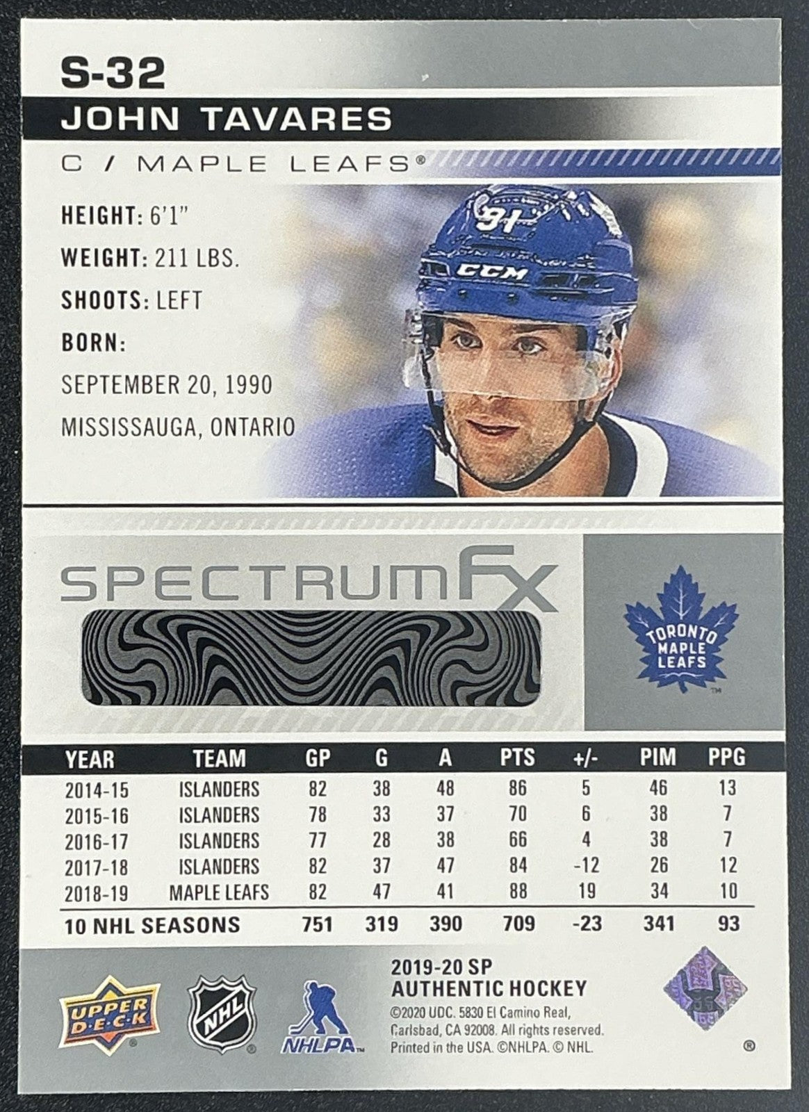 JOHN TAVARES 2019-20 SP AUTHENTIC #S-32 SPECTRUM FX MAPLE LEAFS