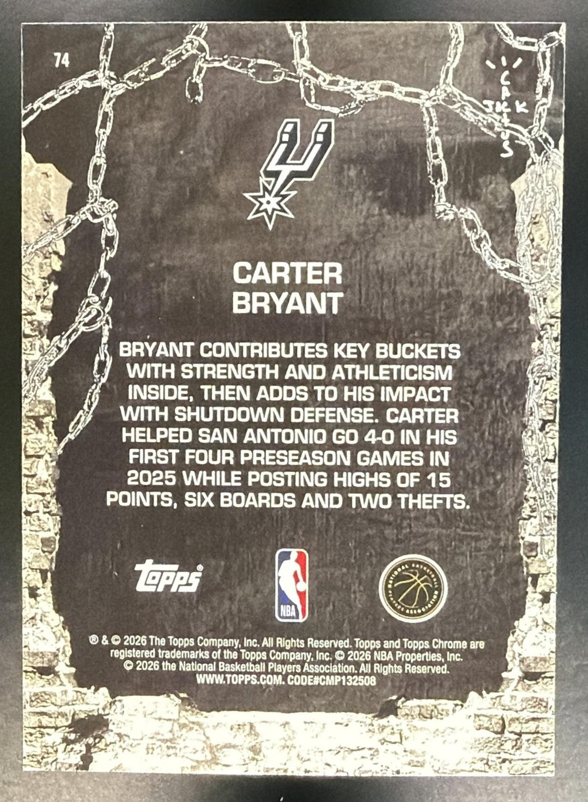 CARTER BRYANT 2025-26 TOPPS CHROME X CACTUS JACK #74 RC SPURS