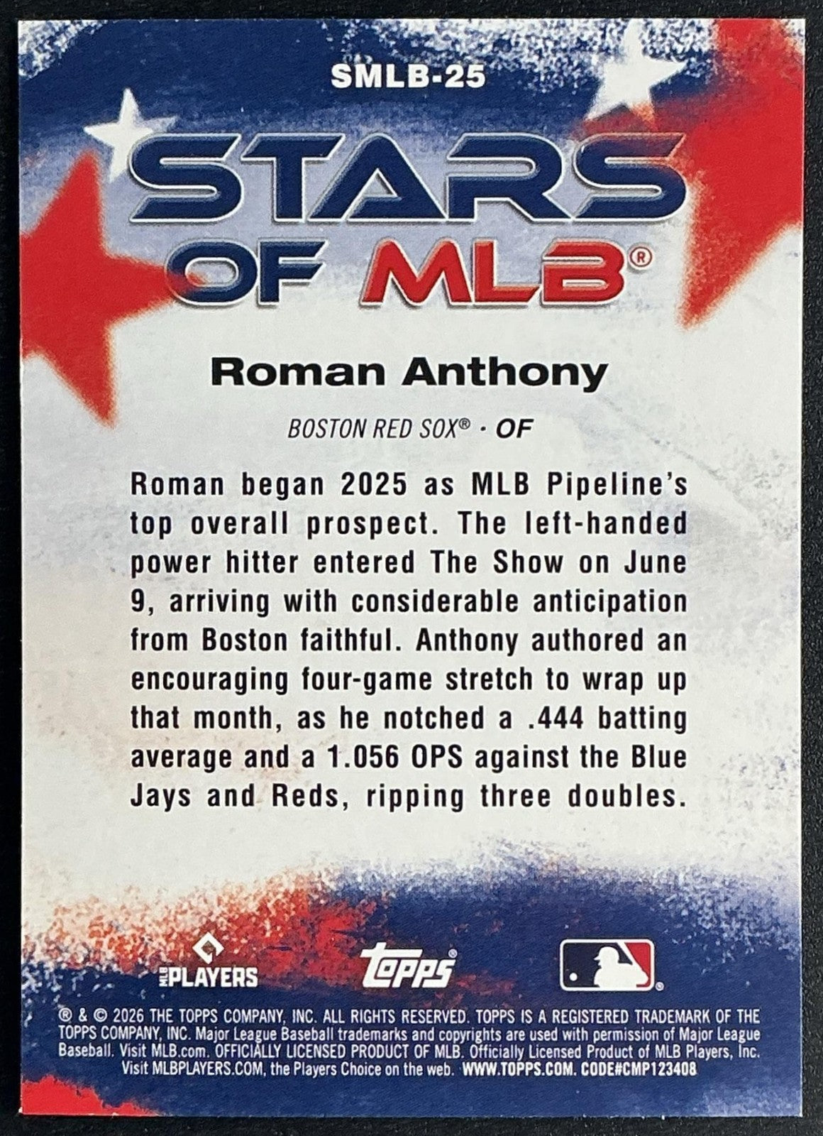 ROMAN ANTHONY 2026 TOPPS SERIES 1 #SMLB-25 STARS OF MLB RC RED SOX